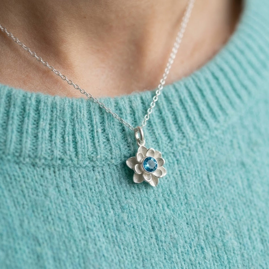 Floral birthstone necklace with custom faceted gemstone, minimalist flower charm necklace for women