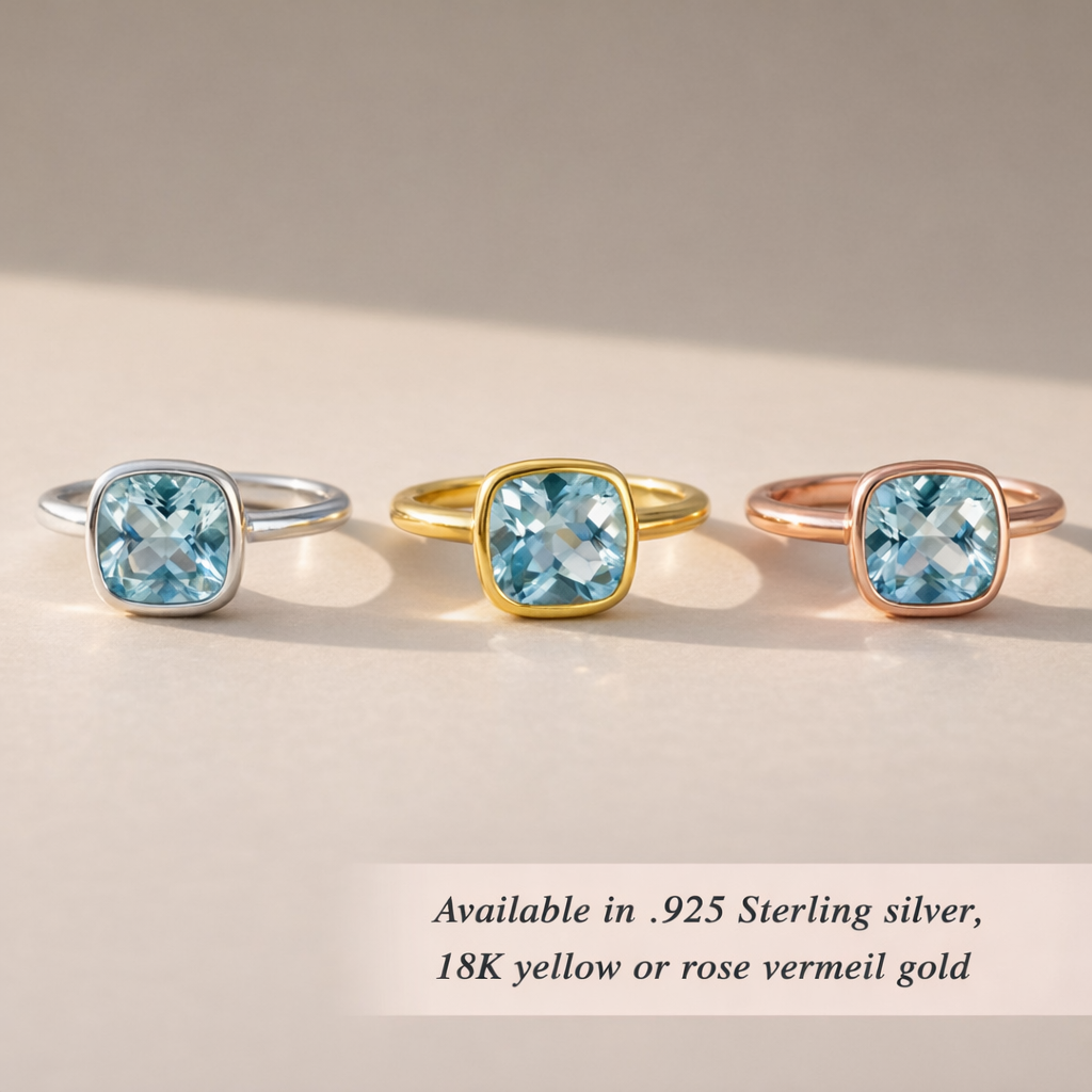 blue topaz cushion cut rings in sterling silver, yellow gold vermeil and rose gold vermeil, minimalist gemstone ring collection
