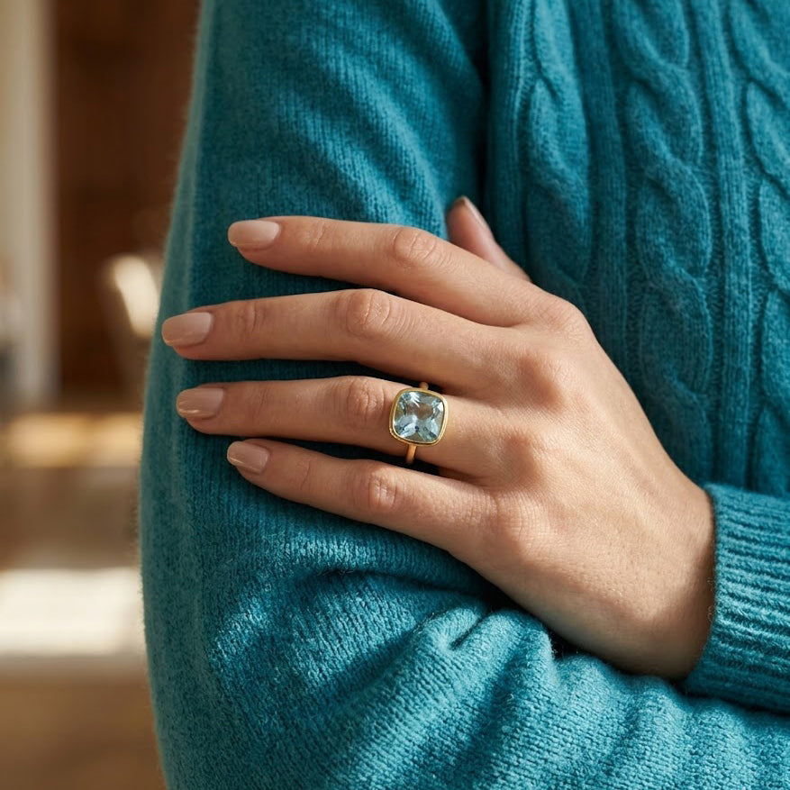 blue topaz cushion cut ring on hand, minimalist gemstone ring for women, aquamarine blue topaz solitaire ring gift for her