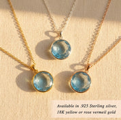 Blue topaz necklaces in gold and silver, December birthstone pendants in multiple shapes, dainty jewelry collection