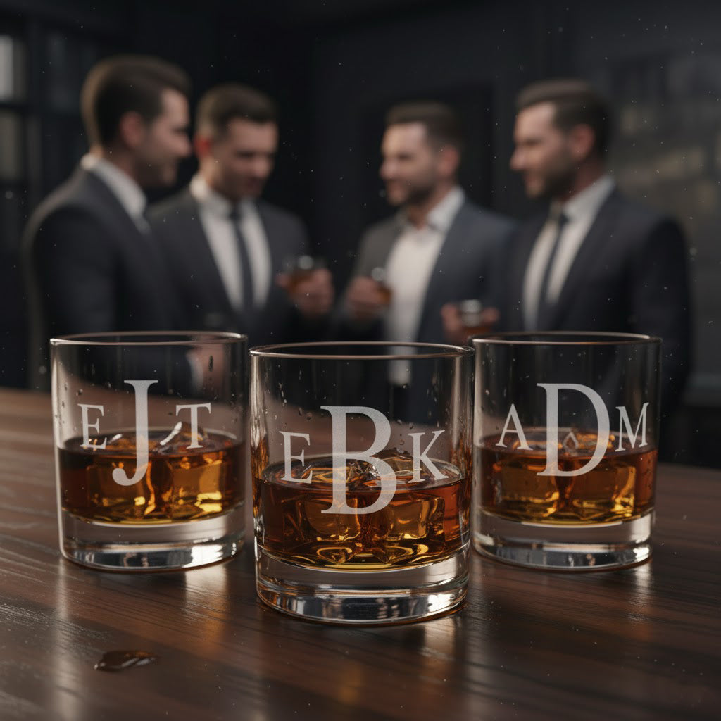 Custom engraved whiskey glasses with bold etched initials filled with bourbon on a wooden bar, personalized monogram rocks glasses for men, sophisticated barware set perfect for groomsmen gifts, best man gift, Father’s Day or anniversary, modern custom scotch glasses for home bar or office.
