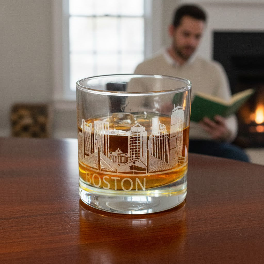 Custom city skyline whiskey glass featuring Boston engraving, personalized etched rocks glass for travelers, city lovers, or whiskey enthusiasts, unique barware gift for him.