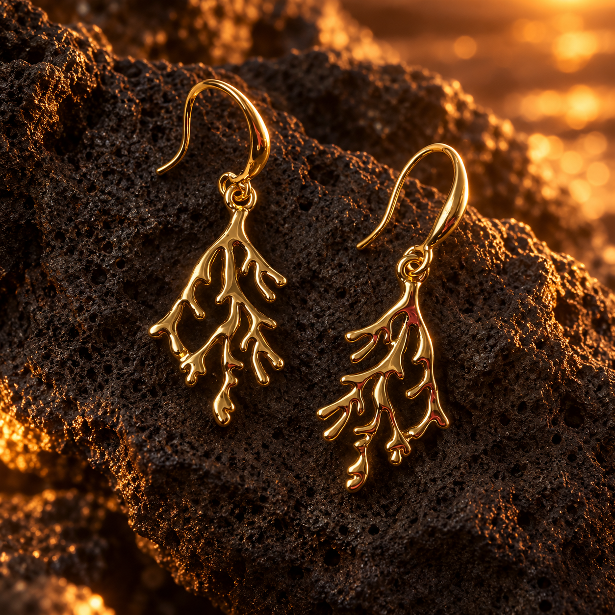 Gold coral branch dangle earrings with organic sculptural design on dark textured stone

