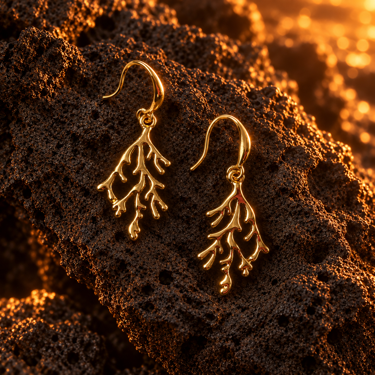 Gold coral branch dangle earrings video on dark textured background
