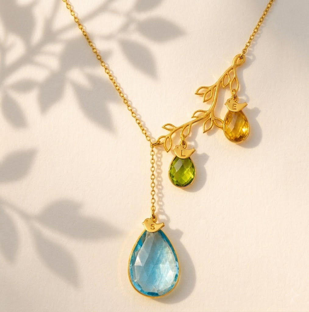 family birthstone necklace for mom gold branch necklace with multiple gemstones
