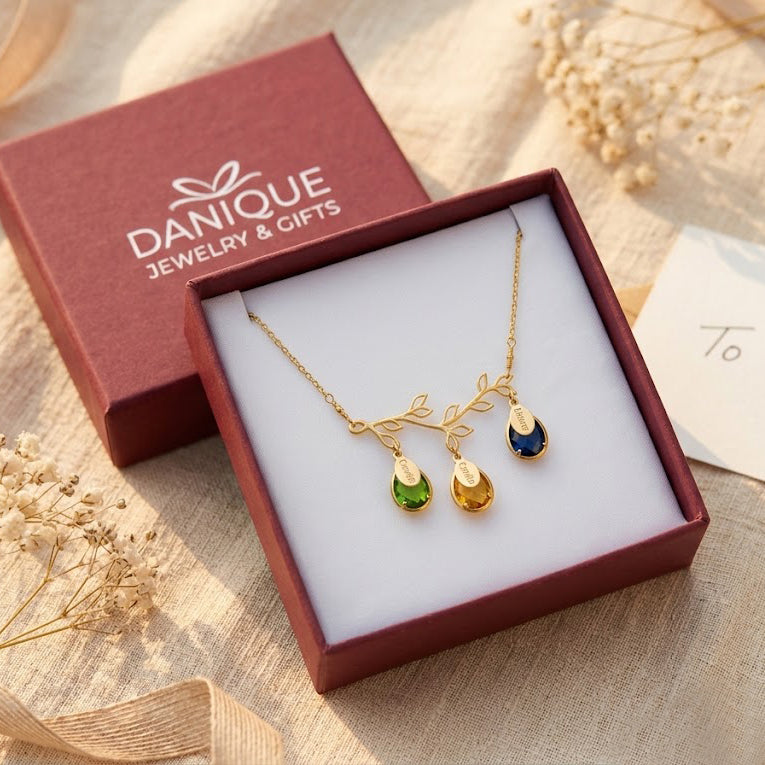Family tree necklace with Kids names and Birthstones