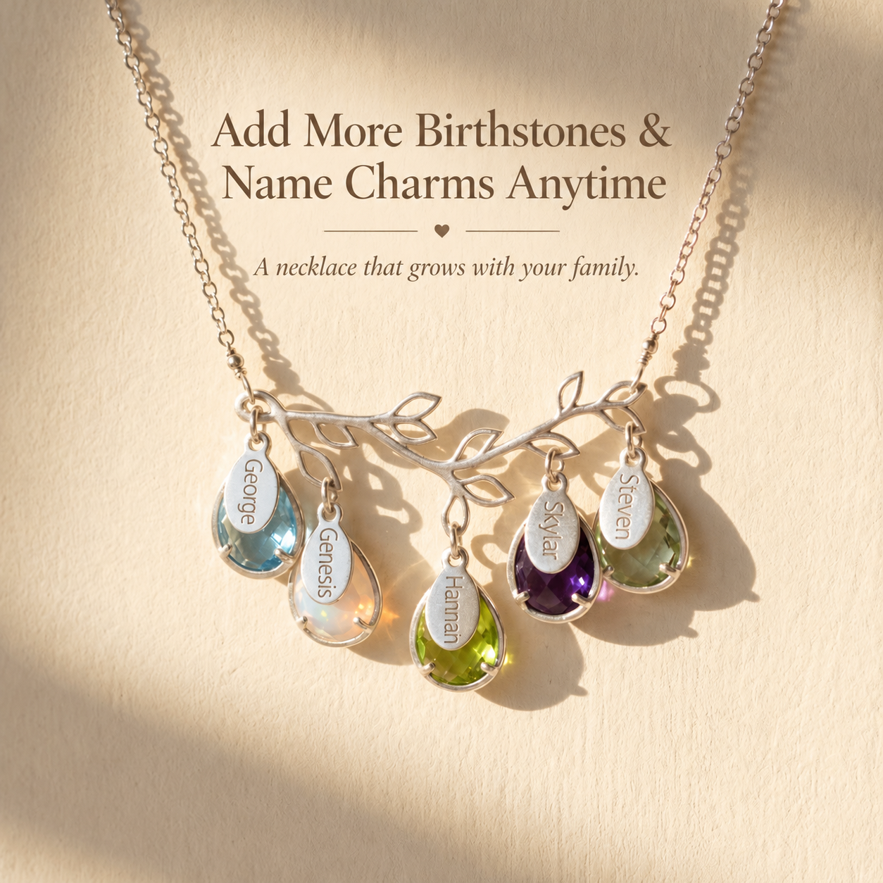 Family tree necklace with Kids names and Birthstones