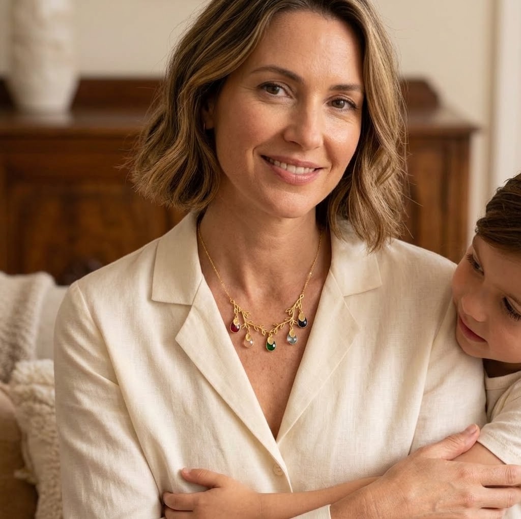 Mom wearing personalized double branch family birthstone necklace
