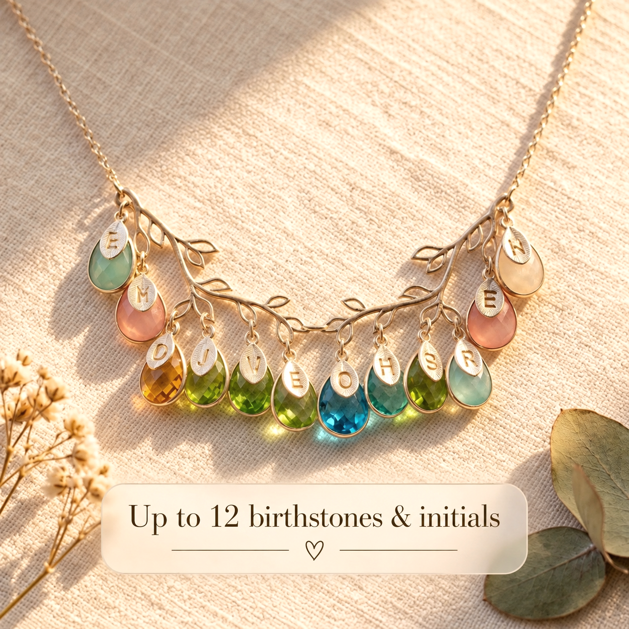 Custom family tree necklace with up to twelve birthstones and initials