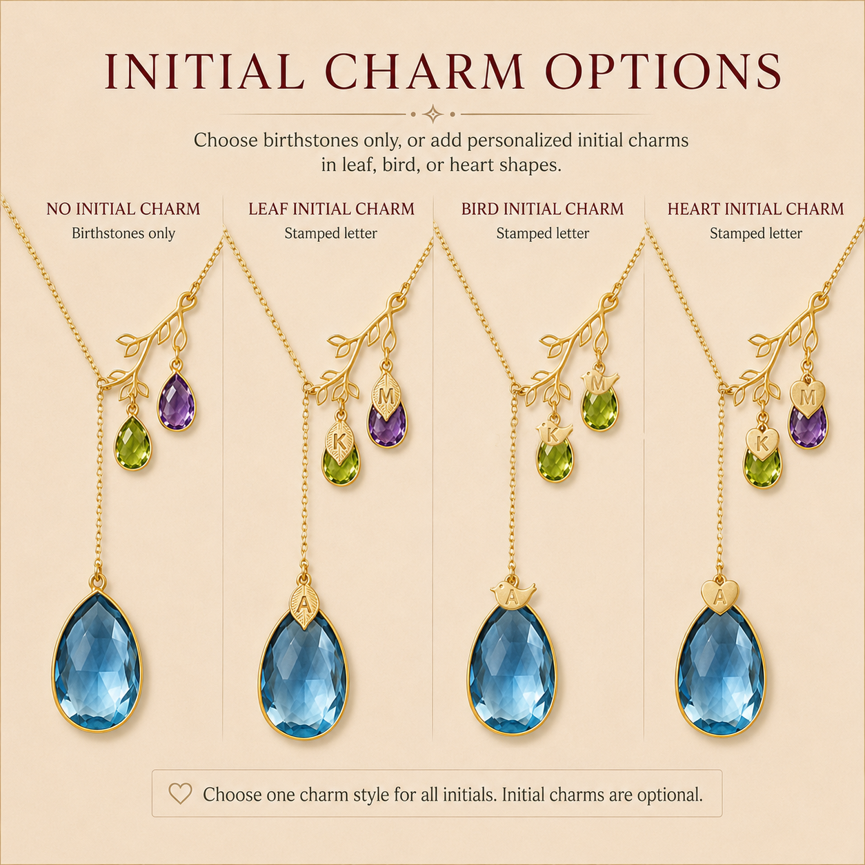 Initial charm options showing birthstones alone or personalized leaf, bird and heart stamped-letter charms.