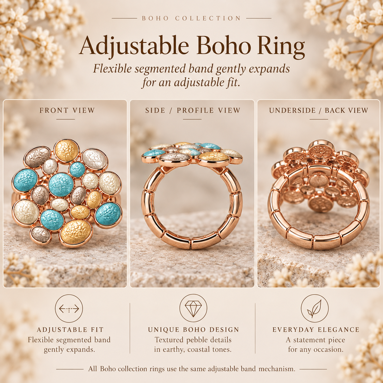 Bubble Cluster adjustable ring sizing chart showing flexible