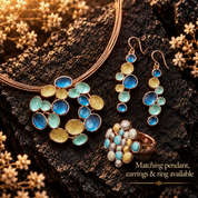 Matching Bubble Cluster necklace earrings and adjustable ring with aqua blue gold and pearl round accents on dark stone
