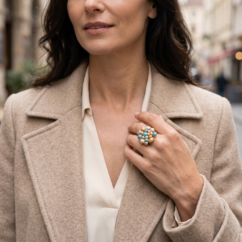 Woman wearing colorful Bubble Cluster statement ring with beige coat
