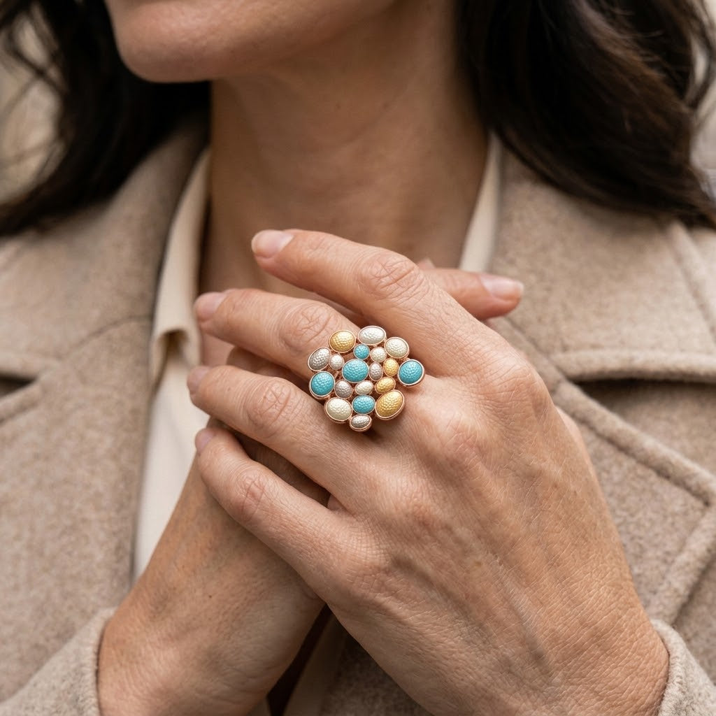 Woman wearing Sea Glass Glow Bubble Cluster adjustable ring with neutral blazer
