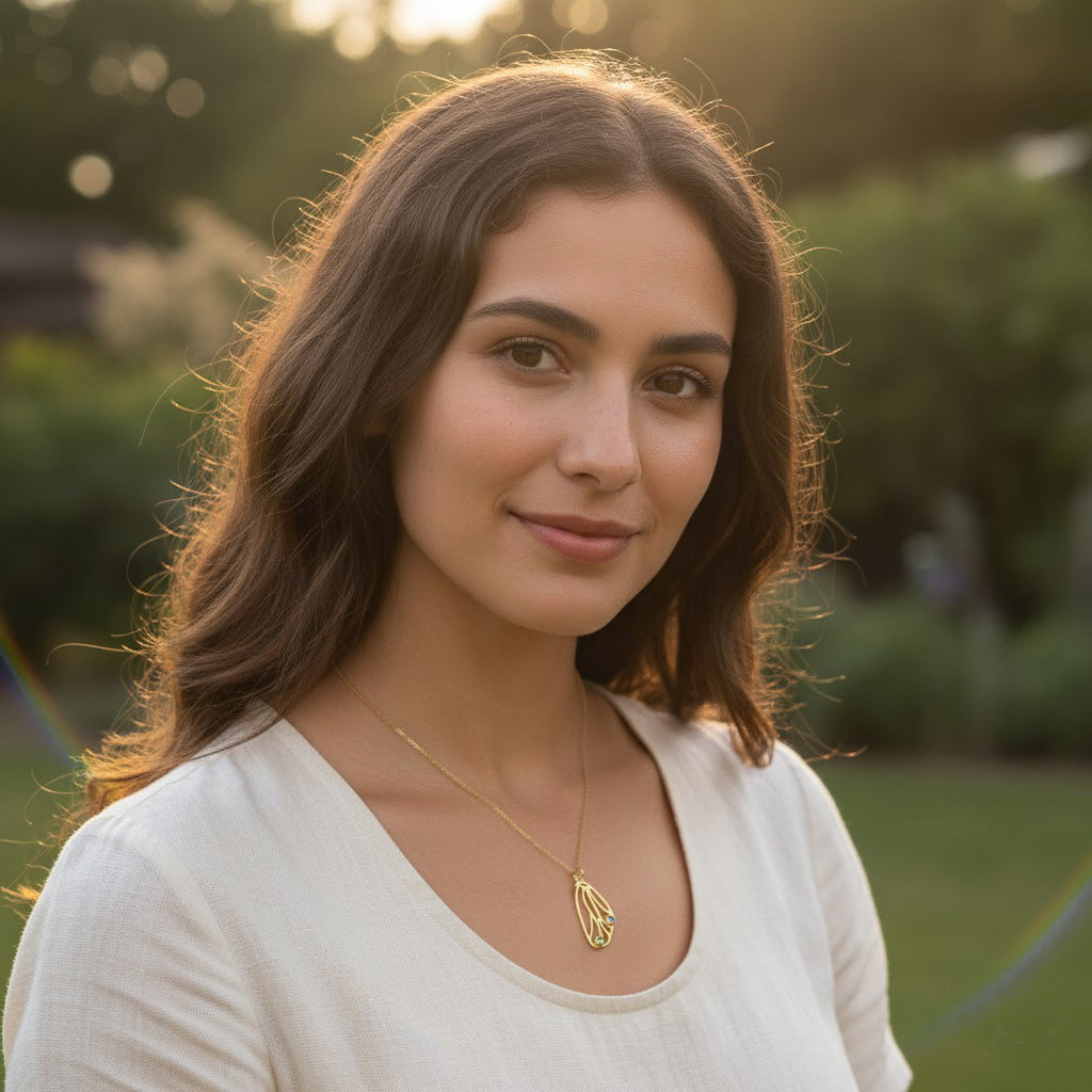 Young woman wearing white butterfly wing necklace with birthstones, minimalist boho style pendant, custom engraved birthstone jewelry gift for her