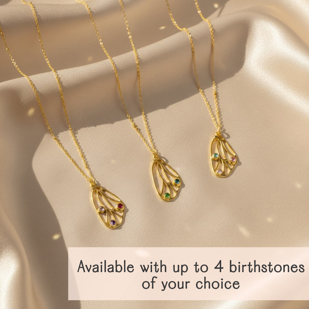 Set of gold butterfly wing necklaces with different birthstone combinations, customizable family birthstone jewelry for moms with up to four stones