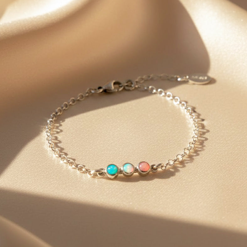 Minimalist sterling silver tiny cabochon birthstone bar bracelet with pastel multicolor stones, dainty chain and secure clasp, adjustable length stacking bracelet for everyday wear, personalized jewelry gift for moms, grandmas and friends.