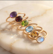 Stackable birthstone rings in sterling silver, yellow gold vermeil and rose gold vermeil