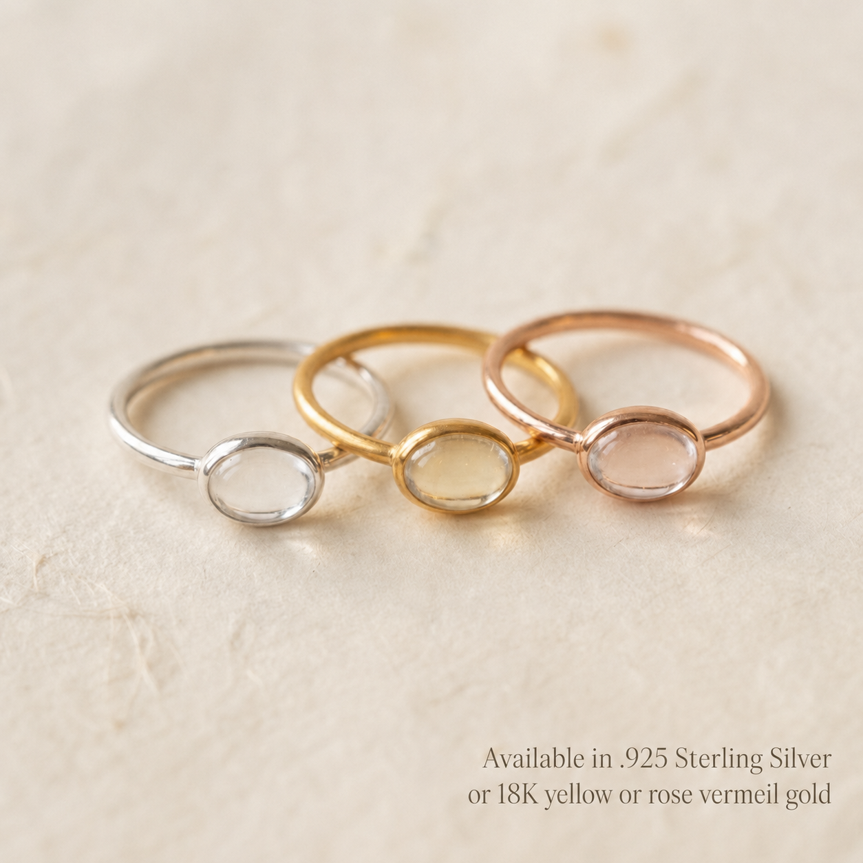 Stackable birthstone rings in sterling silver, yellow gold vermeil and rose gold vermeil