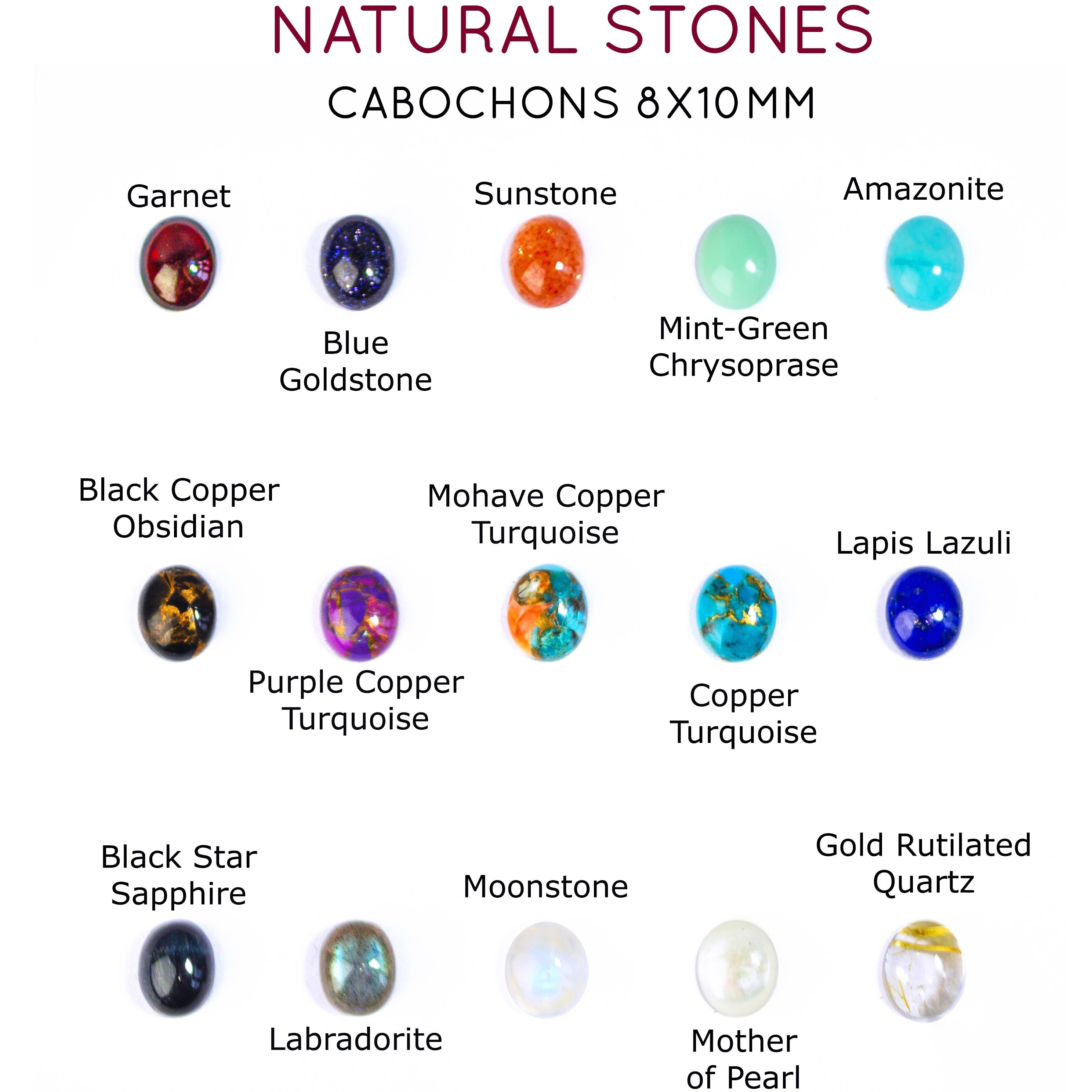 Oval Cabochon Stone Options for Necklace.  Garnet, Blue Goldstone, Sunstone, Mint-Green Chrysoprase, Amazonite, Black Copper Obsidian, Purple Copper Turquoise, Mohave Copper Turquoise, Copper Turquoise, Lapis Lazuli, Black Tiger&#39;s Eye