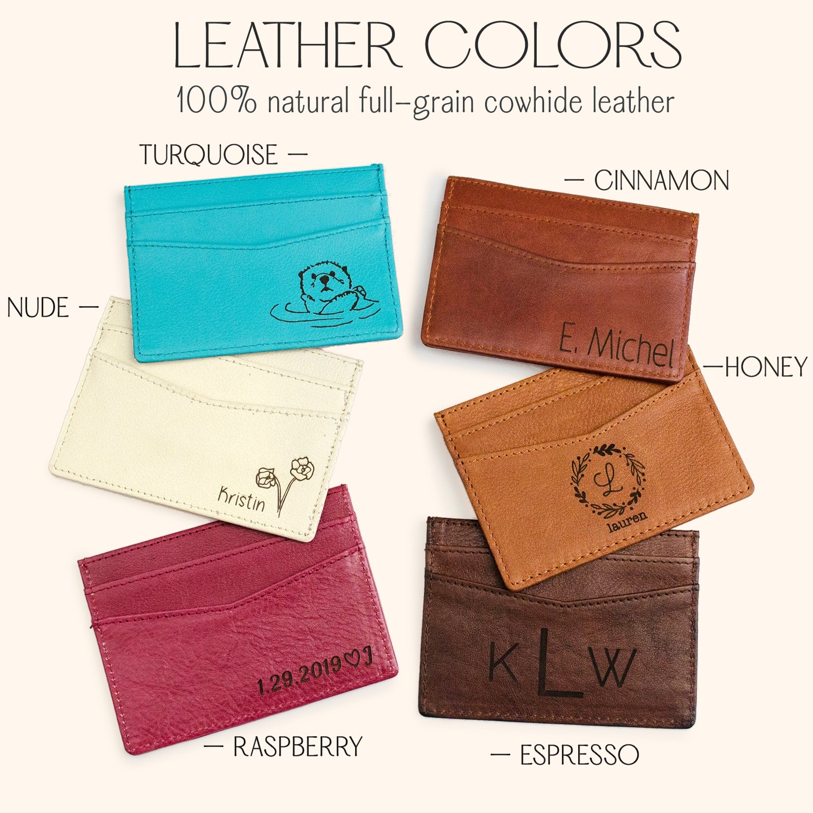 assorted cardholder card holder colors come in turquoise, cinnamon, nude, honey, raspberry and espresso