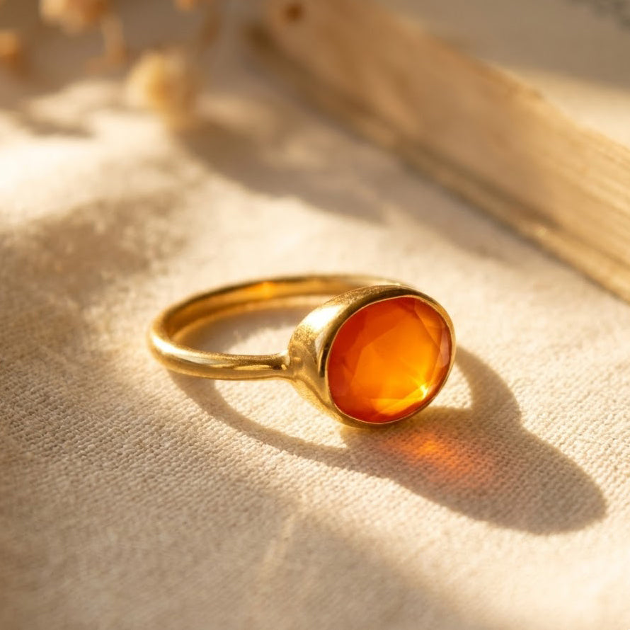 Oval Carnelian Ring, Bezel Set Birthstone Ring in Sterling Silver, Gold or Rose Gold