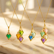 Custom birthstone and name necklace for mom with diamond shaped gemstone charms in gold filled chain, personalized family birthstone necklace with children names, meaningful gift for mother or grandma jewelry