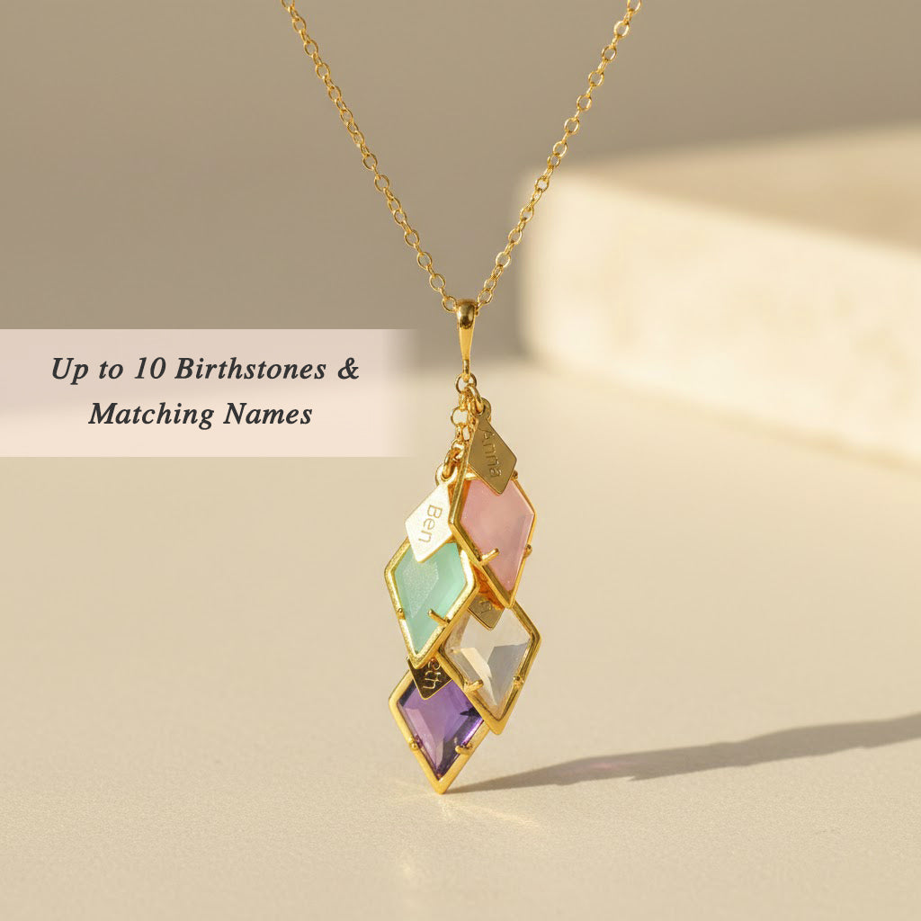 Personalized birthstone and name necklace for mom with cascading diamond shaped gemstones and engraved name tags, custom family birthstone jewelry gift for mother or grandma