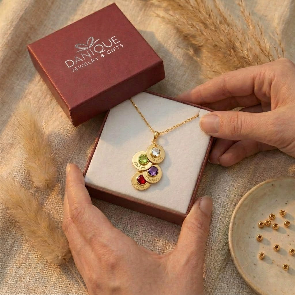 Gift ready packaging for personalized birthstone necklace for mom with name charms jewelry box