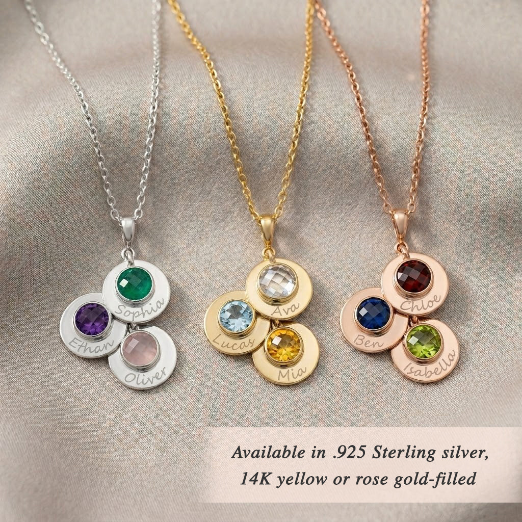 Sterling silver personalized mom necklace engraved with a child or grandchild name and emerald birthstone charm. Ideal for new grandmother gifts, mother-in-law keepsakes, or grandma jewelry celebrating family milestones with elegance.
