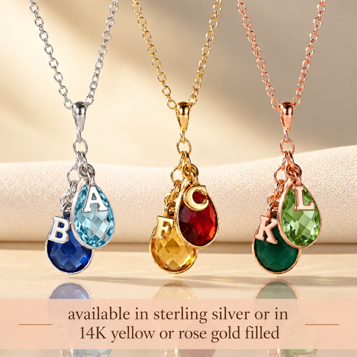 Family birthstone necklaces in sterling silver yellow gold and rose gold
