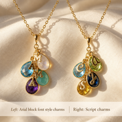Family birthstone necklaces showing left and right script letter charm placement
