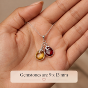 Close up of teardrop birthstones and letter charms 