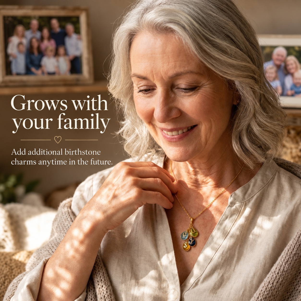 Grandma wearing personalized birthstone necklace with family initial charms
