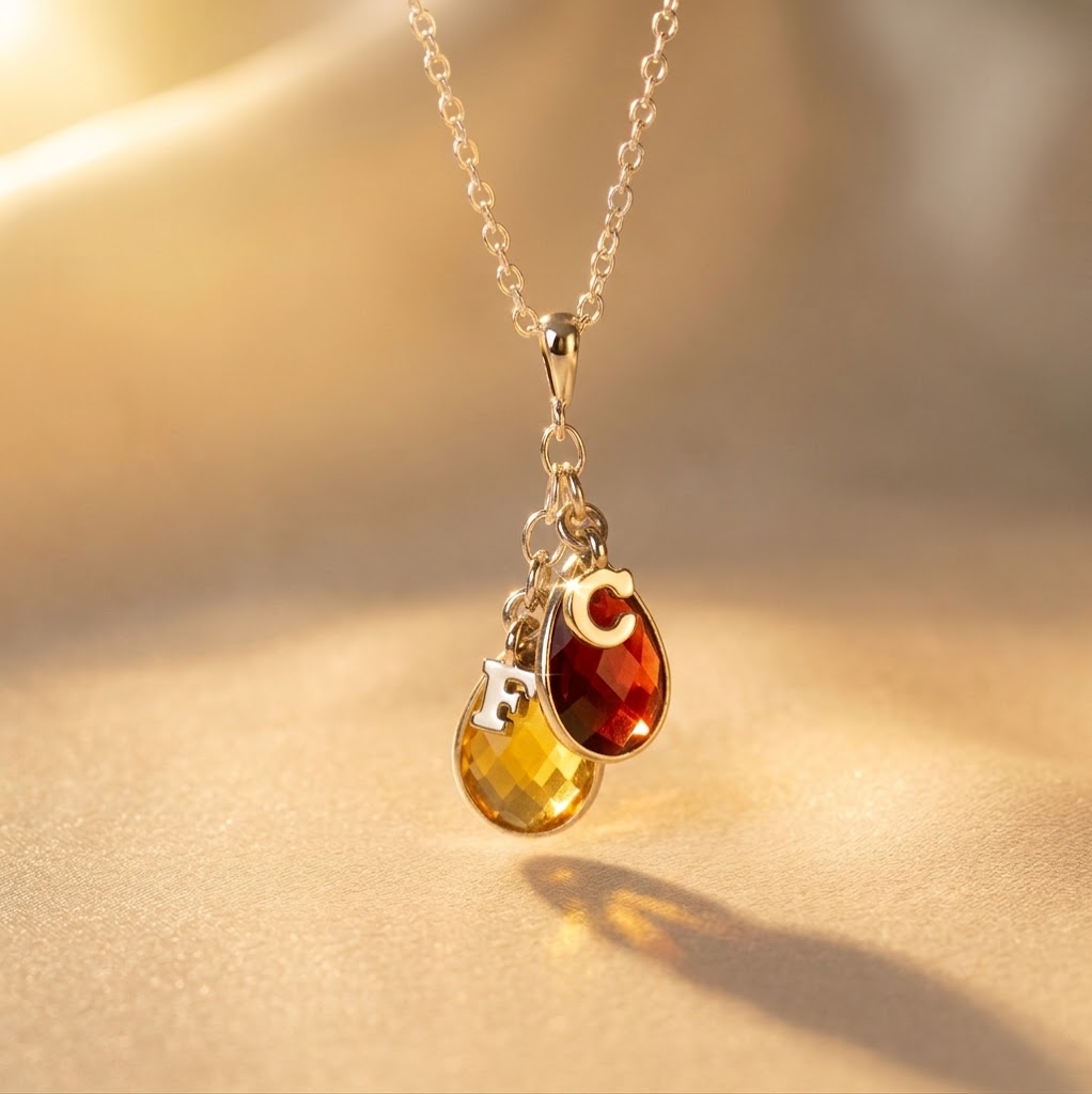 Personalized family birthstone necklace with teardrop gemstones and initial charms in gold

