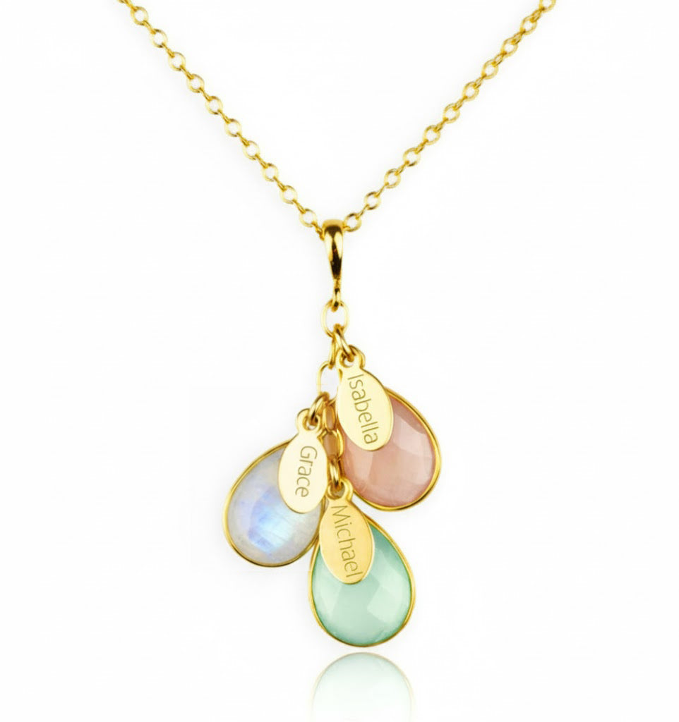 A gold birthstone necklace with engraved name tags. Stones are bezel set and placed on a cable link chain. Birthstone necklace, mother's necklace, Christmas, Mother's Day gift for mom from kids, birthstone kids necklace, new mom necklace