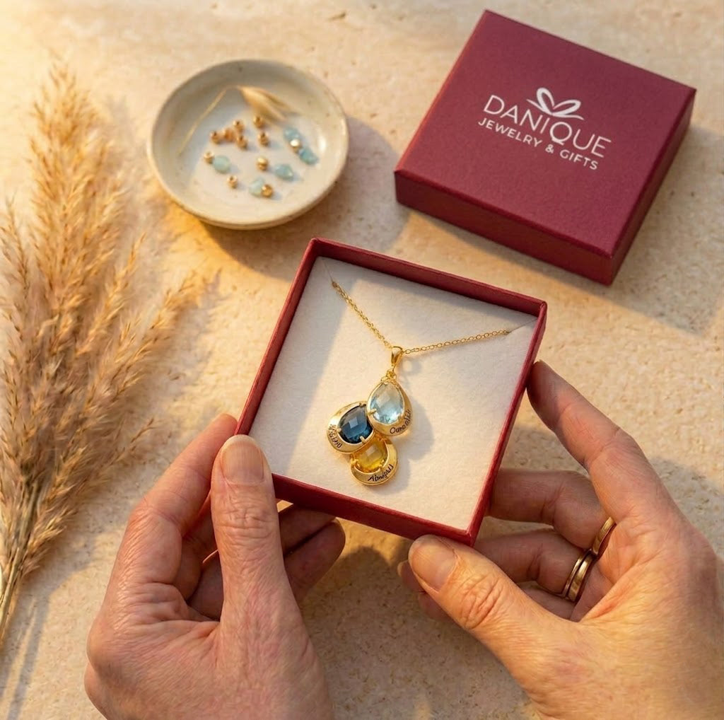Gift-ready personalized birthstone necklace in Danique Jewelry box, a custom mom or grandma necklace for birthdays, Mother’s Day, or Christmas.