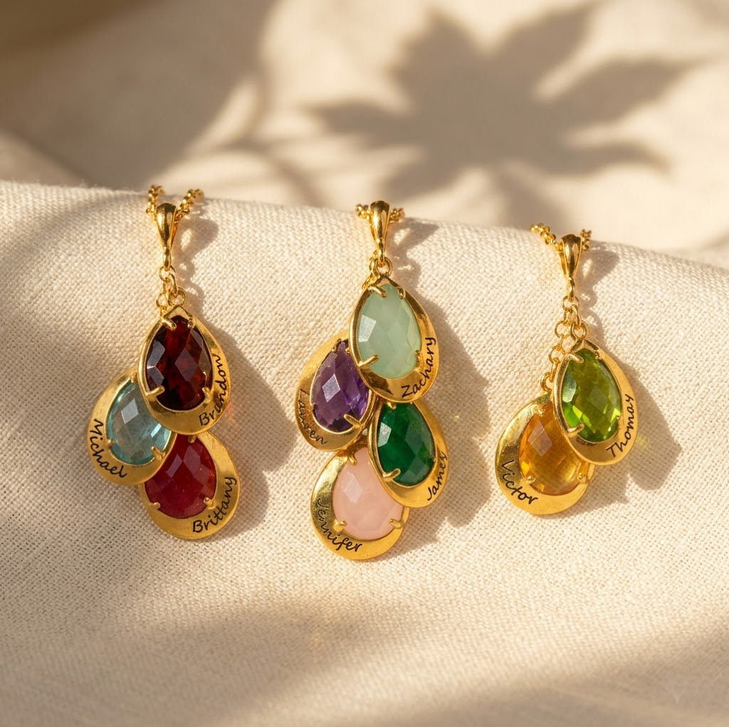 Personalized birthstone necklace styles shown in gold with engraved name charms, custom family necklace options for mom, grandma, or loved ones.