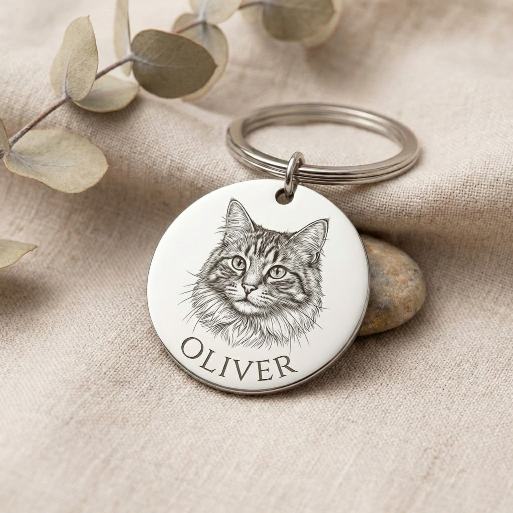 Close-up of custom engraved cat portrait keychain with detailed illustration and engraved pet name. Personalized pet keychain crafted from stainless steel, designed as a sentimental keepsake for cat lovers. Ideal for pet memorial jewelry, birthdays, or thoughtful gifts honoring a cherished feline.