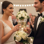 Bride and groom toasting with personalized champagne flutes, custom engraved wedding glasses with names and wedding date, elegant bride in lace dress and veil holding white rose bouquet, groom in black tuxedo, romantic reception décor, unique keepsake gift for couple or anniversary.