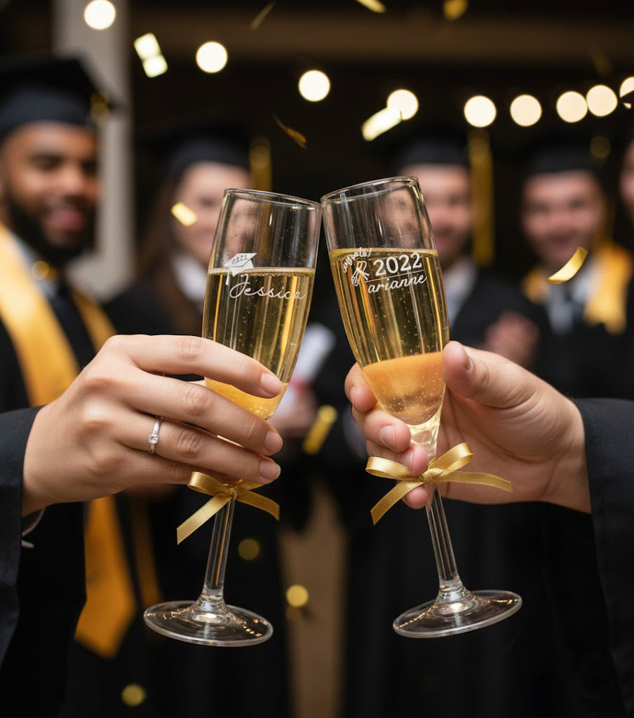 Personalized graduation champagne flutes with custom engraved names and class year, seniors in caps and gowns toasting with sparkling champagne, gold ribbon bows on glasses, unique keepsake gift for graduate, college graduation party or celebration.