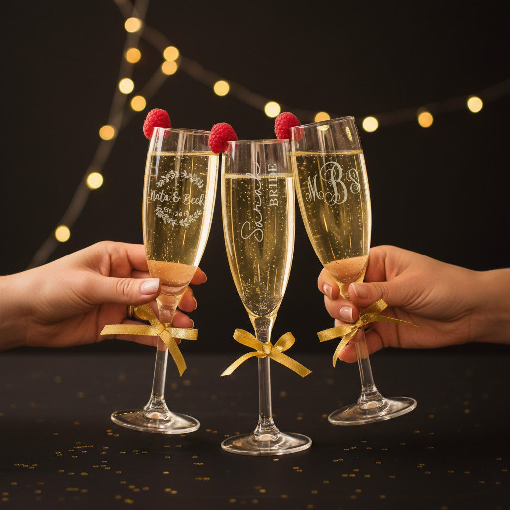 Custom engraved champagne flutes with sparkling wine and raspberries, personalized toasting glasses with names, wedding date and monograms, elegant bride and bridesmaid champagne glasses with gold ribbon bows, perfect custom stemware for wedding reception, bridal shower, engagement party or anniversary celebration.