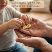 Child's hand holding a gold ring with 'We Love You Always' engraving, placed on an adult's palm. Custom engraved cufflinks in polished stainless steel featuring precise laser engraving of initials, coordinates, or short messages, thoughtfully designed as a meaningful wedding accessory and long-lasting gift for groomsmen or husbands.