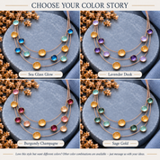 Floating circles necklace color options in Sea Glass Glow Lavender Dusk Burgundy Champagne and Sage Gold