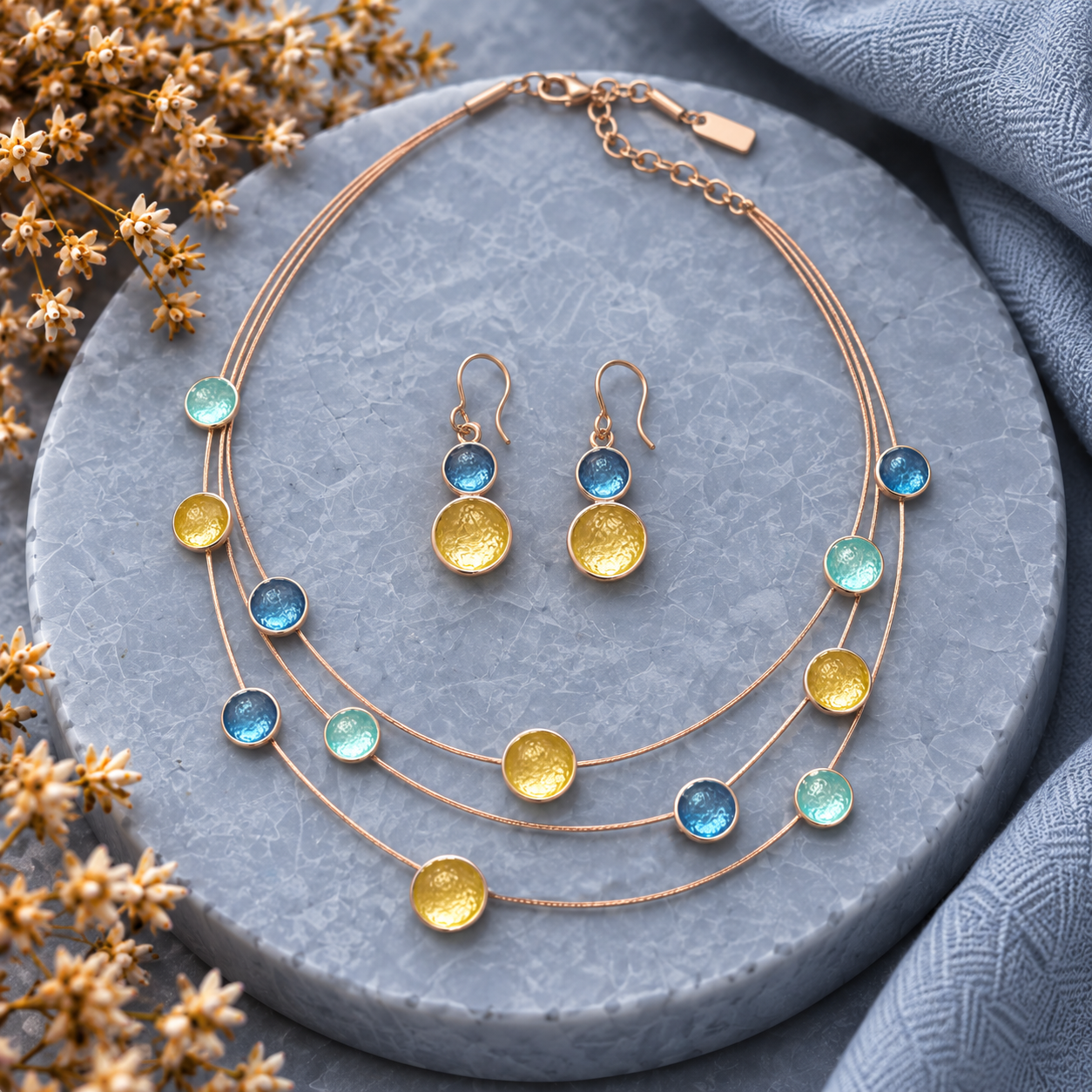 Floating circles necklace and earrings in Sea Glass Glow colors displayed on gray stone

