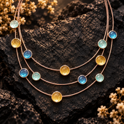 Layered floating circles statement necklace with blue aqua and gold accents on dark stone

