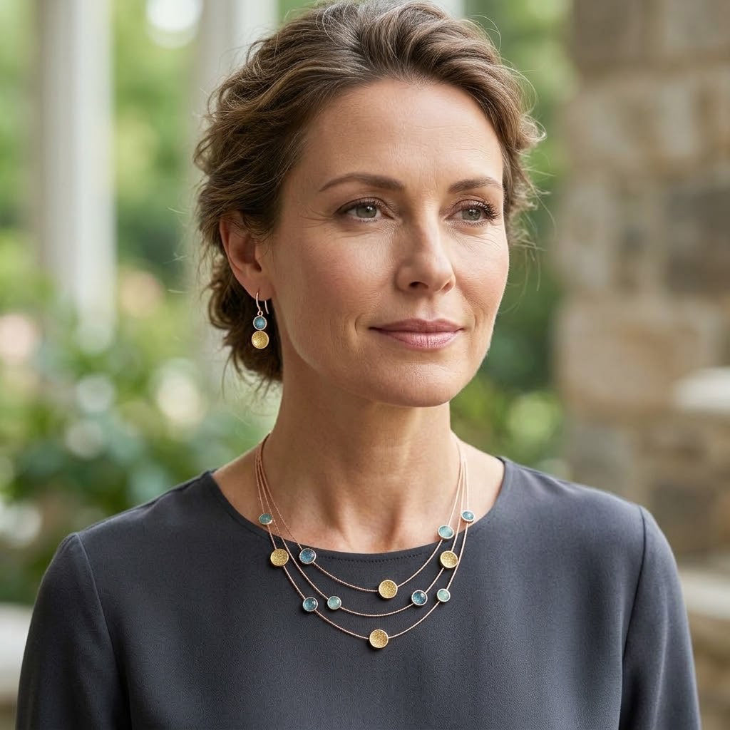 Woman wearing layered floating circles statement necklace and matching earrings outdoors

