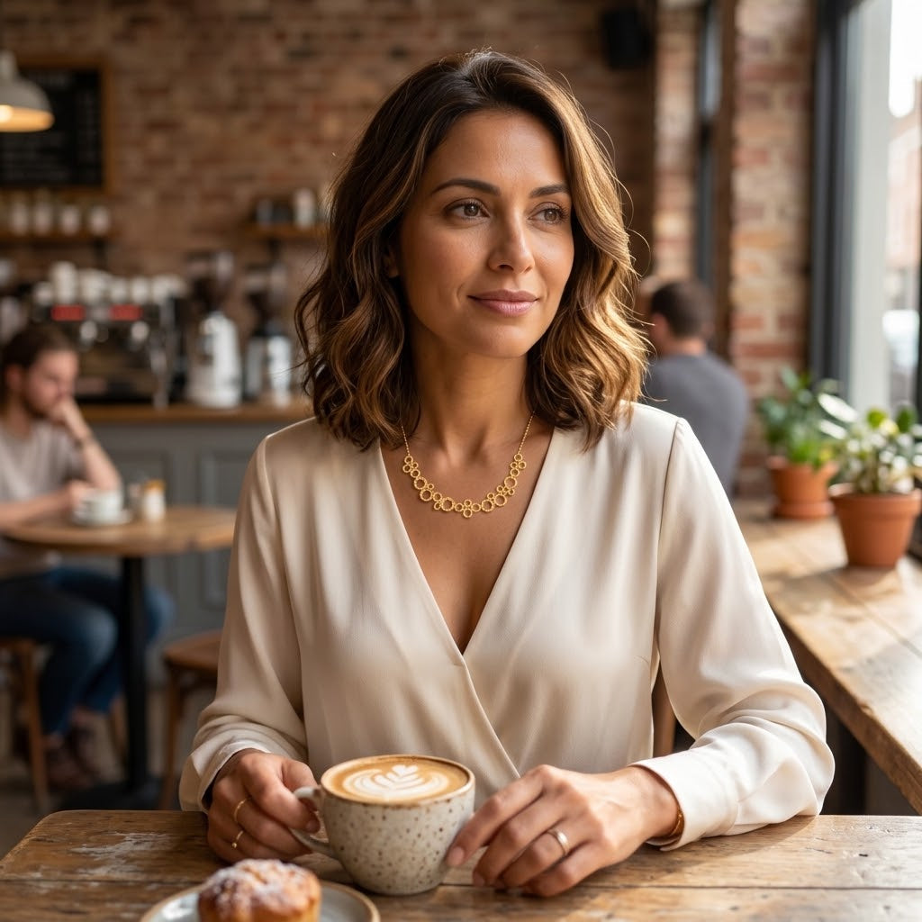 Woman wearing silver connected circles necklace with white blouse in cafe setting

