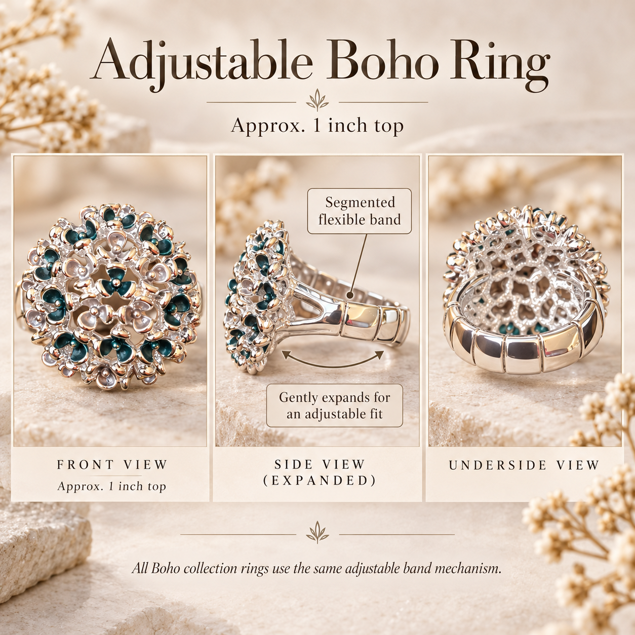 Constellation Orb adjustable ring size and design chart with front side and underside views

