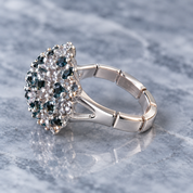 Constellation Orb cocktail adjustable ring with sculptural openwork sphere and aqua accents 